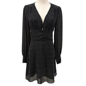 Reset by Jane Black Polka Dot Long Sleeve Mini Dress V Neck Fit  Flare Boho Fall